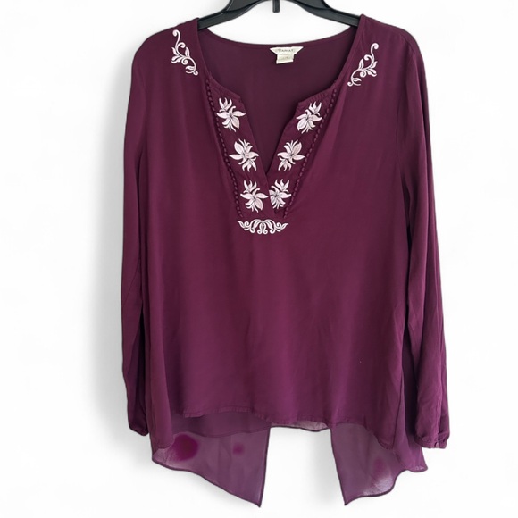 Ariat Tops - ARIAT Poet Top Burgundy Floral Embroidery Sheer Overlay Blouse Tunic Boho Size L